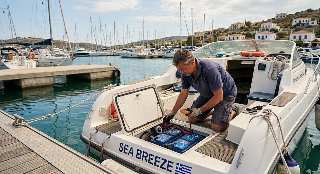 άνδρας ελέγχει τις μπαταρίες σκάφους του.